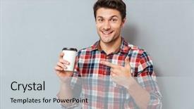  Presentation with gold man smile - PPT theme featuring quality presentation - young handsome smiling man pointing background and a light gray colored foreground