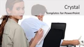  Presentation with writing notes - Colorful presentation design enhanced with quality service - female employee writing notes near backdrop and a light gray colored foreground