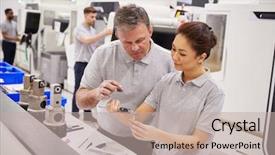  Presentation with components - Cool new slide deck with engineer and female apprentice measuring backdrop and a mint green colored foreground