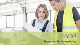  Presentation with female - Colorful slide deck enhanced with masculine feminie - male and female manual workers backdrop and a  colored foreground