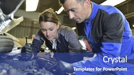  Presentation with apprenticeship - Cool new presentation theme with quality control engines - mechanics instructor teaching woman backdrop and a ocean colored foreground