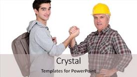  Presentation with builder - Cool new PPT theme with quality workmanship - builder greeting new worker backdrop and a  colored foreground