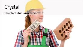  Presentation with handyman - Colorful presentation theme enhanced with quality workmanship - female handyman in overalls isolated backdrop and a sky blue colored foreground