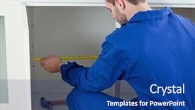  Presentation with repair - PPT theme having quality workmanship - focused repair man measuring something background and a  colored foreground