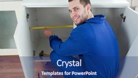  Presentation with gold man smile - PPT theme enhanced with quality workmanship - smiling repair man measuring something background and a navy blue colored foreground