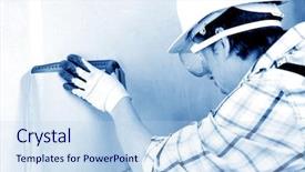  Presentation with tape recorder technology - Theme featuring quality workmanship - worker often with a measuring background and a light blue colored foreground