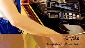  Presentation with kitchen cabinet - Slide deck featuring quality workmanship - young repair man measuring kitchen background and a gold colored foreground