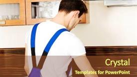  Presentation with kitchen cabinet - Beautiful PPT layouts featuring quality workmanship - young repair man measuring kitchen backdrop and a tawny brown colored foreground