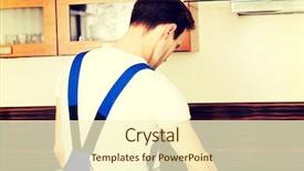  Presentation with kitchen cabinet - Slide deck featuring quality workmanship - young repair man measuring kitchen background and a cream colored foreground