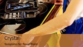  Presentation with kitchen cabinet - Beautiful presentation theme featuring quality workmanship - young repair man measuring kitchen backdrop and a gold colored foreground