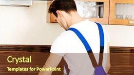  Presentation with kitchen cabinet - Colorful PPT layouts enhanced with quality workmanship - young repair man measuring kitchen backdrop and a tawny brown colored foreground