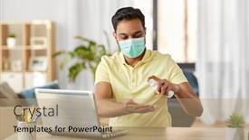  Presentation with medical laptop - PPT theme with quarantine-remote-job-and-pandemic background and a coral colored foreground