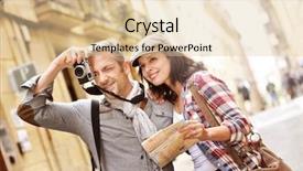  Presentation with tourists - Slide deck with quarter report - couple of tourists taking pictures background and a lemonade colored foreground