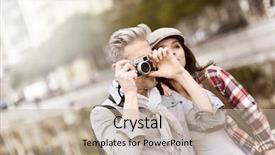  Presentation with tourists - Slide deck featuring quarter report - couple of tourists taking pictures background and a  colored foreground