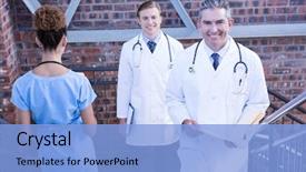  Presentation with quarter - Presentation consisting of quarter report - doctors walking on staircase background and a  colored foreground