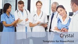  Presentation with digital hospital - Slides with quarter report - female doctor using digital tablet background and a light blue colored foreground