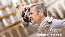  Presentation with travel agency pictures - Slides having quarter report - man taking pictures on travel background and a  colored foreground