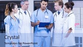  Presentation with hospital - Slide set with quarter report - medical team discussing together background and a  colored foreground