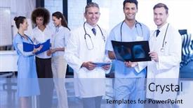  Presentation with gamma ray particle accelerator - Audience pleasing slide set consisting of quarter report - portrait of doctors holding backdrop and a light blue colored foreground