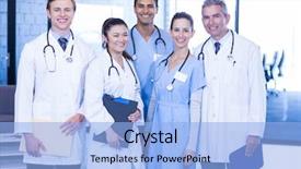  Presentation with labor and delivery medical team - Colorful presentation enhanced with quarter report - portrait of medical team standing backdrop and a light blue colored foreground