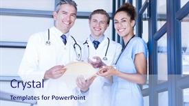  Presentation with medical - Presentation theme having quarter report - portrait of medical team standing background and a  colored foreground