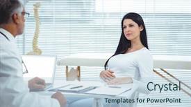  Presentation with pregnant woman doctor - Beautiful PPT theme featuring quarter report - pregnant woman interacting with doctor backdrop and a  colored foreground