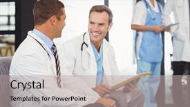  Presentation with quarter - Slide deck enhanced with quarter report - two doctors with clipboard background and a  colored foreground