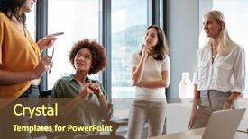  Presentation with discussion - PPT theme consisting of quarterend - four female colleagues in discussion background and a tawny brown colored foreground