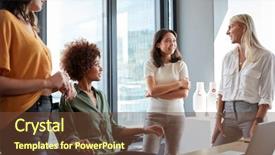  Presentation with quarter - Presentation theme with quarterend - four female colleagues in discussion background and a tawny brown colored foreground