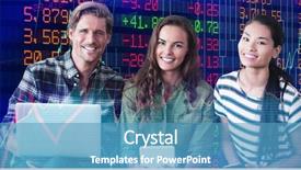  Presentation with shares - Slides featuring portrait of smiling business people sitting on seat against stocks and shares background and a teal colored foreground