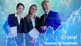  Presentation with shares - PPT theme with smiling colleagues standing against white background against stocks and shares background and a teal colored foreground
