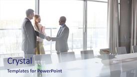  Presentation with hand shake law office - Theme enhanced with quarterly meeting - businessmen shaking hands by female background and a sky blue colored foreground