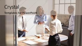  Presentation with working together - Colorful slide set enhanced with quarterly meeting - four business colleagues working together backdrop and a mint green colored foreground