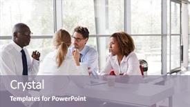  Presentation with young business people - PPT theme having quarterly meeting - young business people talking background and a gray colored foreground