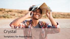  Presentation with cell - Slides featuring quest - happy african american young man background and a coral colored foreground