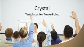  Presentation with students hands raised - Audience pleasing presentation consisting of question answer interactive - enthusiastic group of students sitting backdrop and a sky blue colored foreground