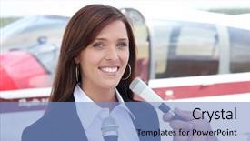  Presentation with airplane - Amazing slide deck having question female character - woman interviewed in front backdrop and a  colored foreground