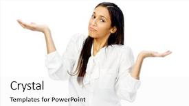  Presentation with uncertainty - Presentation consisting of question people - unsure woman shrugs her shoulders background and a white colored foreground