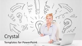  Presentation with youth leadership greenboard young - Slide set featuring question womam - attractive young businesswoman brainstorming background and a white colored foreground