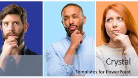  Presentation with group of people - Beautiful presentation theme featuring question womam - group of cool people woman backdrop and a light blue colored foreground