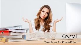  Presentation with beautiful midnight sun over - Presentation design with question womam - young confused beautiful businesswoman shrugging background and a lemonade colored foreground