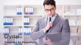  Presentation with fatherhood and working - Audience pleasing PPT theme consisting of questionnaire survey employee - young businessman working backdrop and a light blue colored foreground