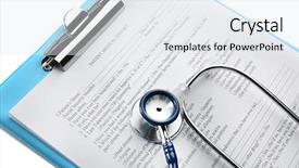  Presentation with clipboard stethoscope - PPT theme featuring questions pharmacy - stethoscope and clipboard close-up background and a sky blue colored foreground