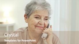  Presentation with elderly home - Slide deck with questions received - elderly woman talking by telephone background and a coral colored foreground