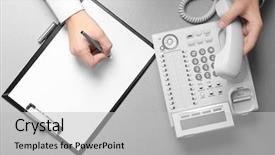  Presentation with hand shake telephone - Colorful slide set enhanced with questions received - hands of man picking up backdrop and a light gray colored foreground