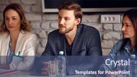  Presentation with company - Cool new slides with questions received - serious man with two female backdrop and a ocean colored foreground