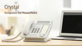  Presentation with telephone - Theme enhanced with questions received - telephone and laptop on wooden background and a  colored foreground