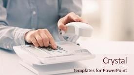  Presentation with telephone - Colorful PPT layouts enhanced with questions received - woman dialing telephone number backdrop and a  colored foreground
