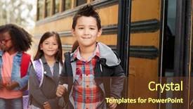  Presentation with school kids - Beautiful slides featuring queue - elementary school kids queueing backdrop and a tawny brown colored foreground