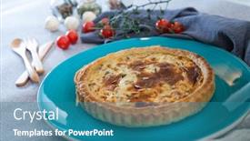  Presentation with smoked meat and cured meat - Cool new PPT theme with quiche lorraine with smoked bacon backdrop and a teal colored foreground